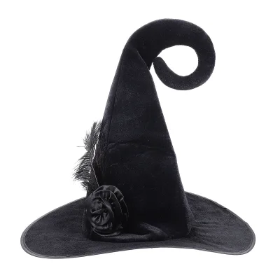 Black Witch Hat Curved Pointy Wizard Cap Flower Feather Gothic Sorceress Halloween Costume Party Headwear