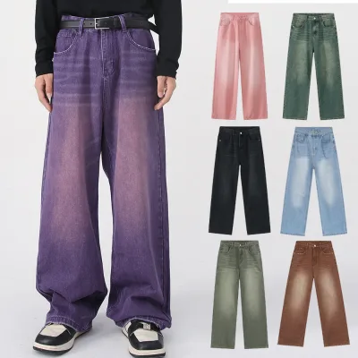 DOVEARK Unisex Vintage Colored Wide Leg Jeans Loose Straight Fit Washed Whisker Denim Pants Streetwear Casual Denim Trousers