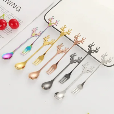 YF Nordic Christmas Events Colorful Metal Antler Handle Spoon Stainless Steel 304 Gold Tea Coffee Deer Spoons