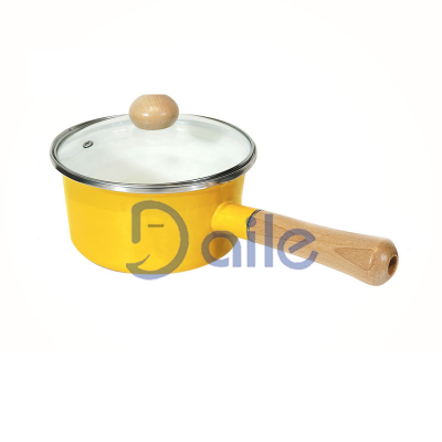 Enamel Cast Iron Non-Stick Cooking Milk Pan Saucepan and Wood Handle Enamel Pots with Tempered Glass Lid