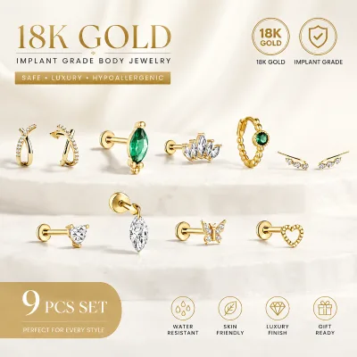 Wholesale Real 18K Gold Piercing Stud Earrings Set Hypoallergenic Crown Heart Butterfly Helix Tragus Conch Labret Jewelry