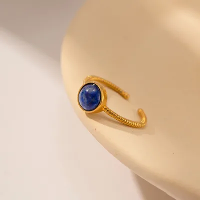 Simple Design Lapis Lazuli Inlaid Finger Ring Stainless Steel Natural Stones Women Rings