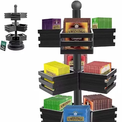 OEM ODM Bamboo Tea Bag Organizer 3 Tier Stackable Tea Bag Storage Holder with 9 Compartments Rotating Tea Bag Caddy