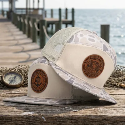 7 Panel Custom logo Trucker Hats with Leather Patch logo Custom Different Custom for Party and Business