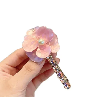 French Style Retro Acetate Flower Pearl Rhinestone Duckbill Clip Handmade High-end Feeling Party Forehead Bangs Hair Accessories