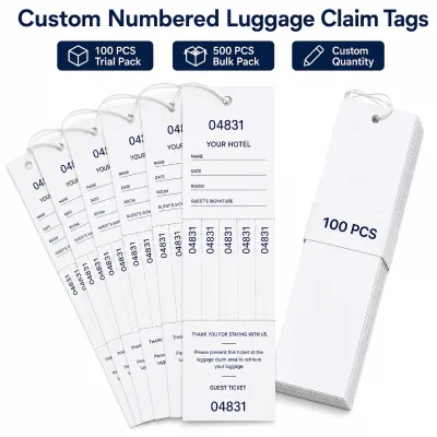 Custom Printed Multi Bag Luggage Claim Tags with Peel Off Numbered Stickers for Hotel Bell Desk and Baggage Storage