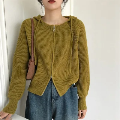 Cis Cardigan for Woven Sweater Hoodie Double Zipper Knit Long Sleeve Thick Knitwear Cardigan Sweater Casual Top