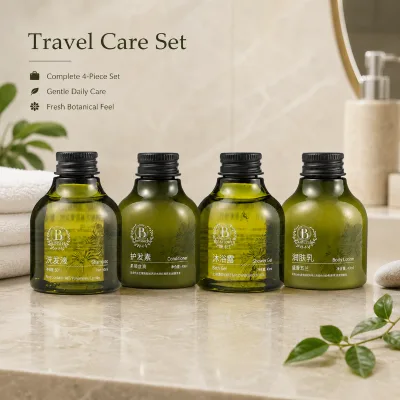 OEM Compact Screw Cap Hotel Toiletries Set Four Piece Bathroom Amenity Shampoo Conditioner Bath Gel Lotion for Resorts