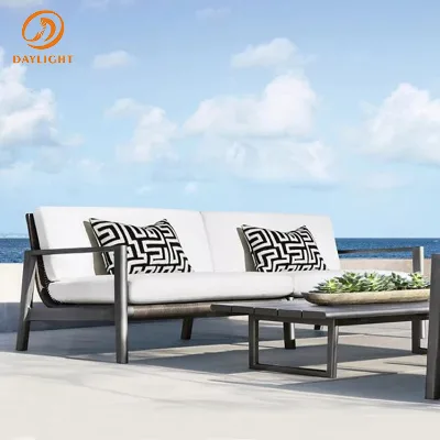 Modern Outdoor 2-Seater Sofa Set, Aluminum Frame Patio Loveseat with Wood Slat Accents, White Cushions & Geometric Pillows