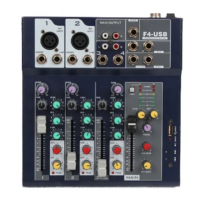 4-Channel Metal & Plastic Gray Audio Mixer with AUX Function-Professional USB Digital Power for Disco/Bar/Club/Home Use