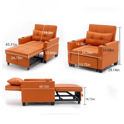 Modern PU Leather Orange Small Folding Pull Out Recliner Living Room Sleeping Couch Sofas Armchair Beds With Adjustable Ottoman