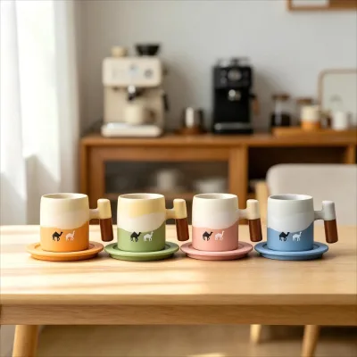 Eco Friendly 80ml Camel Design Wooden Handle Ceramic Coffee Mug Stoneware Tea Cup With Cup Tray for Middle East Arabia Countries