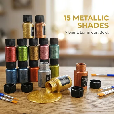 Premium 15 Colors Metallic Acrylic Paint Artist Set, Shiny Gold Silver Pigment for DIY Epoxy Resin Art & Craft Making