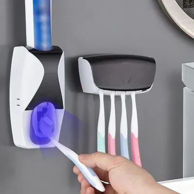 Wholesale Automatic Plastic Toothpaste Squeezer and Toothbrush Holder Set 5 Slot Wall Mount Toothbrush Hanger Dispenser