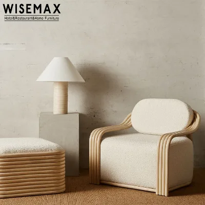 WISEMAX FURNITURE Modern Living Room Furniture Natural Color Rattan Armrest Fabric White Cube Leisure Chair for Home