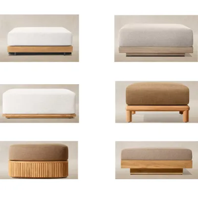 Modern Teak Outdoor Ottoman Patio Modular Sofa Unit Weatherproof Outdoor Fabric Cushion for Backyard Leisure