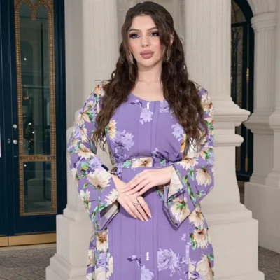 New Design Digital Printing Flower Chiffon Fabric Slit Cuff Pearl Decoration Muslim Abya Women Dress