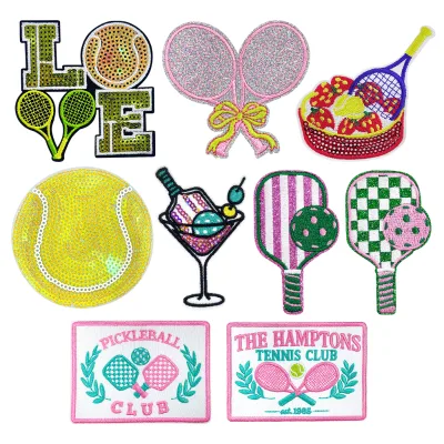 Wholesale Custom Sequin Iron-On Eco-Friendly Fabric Tennis Patches Pickleball Club Embroidery Badges Hat Sports Apparel Fashion