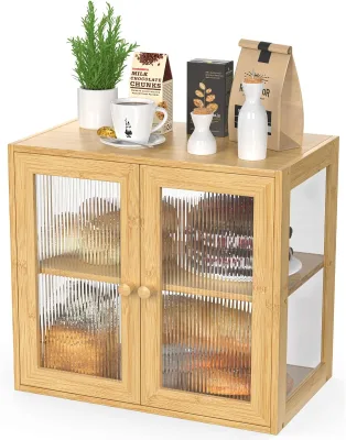 American Style Double Layer Wooden Bread Box Small Fresh Classic Polygon Design Carved Bamboo Stainless Steel