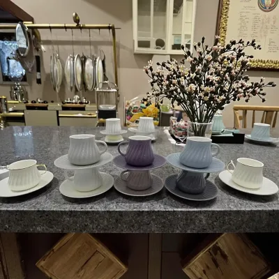 Set of 6 Ceramic Coffee and Tea Cups with 6 Plates for Serving Tea and Coffee