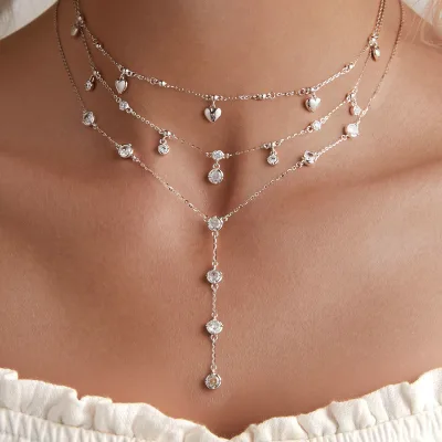 New Trend Charm Women 925 Silver Stylish Heart Fringe Clavicle Necklace Shine Y Shape Necklace for Women