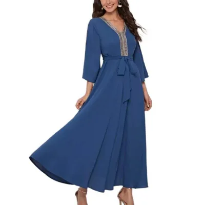 Newly Designed High-waisted V-neck Lace With Detail Belted Waist Flounces Sleeve Flared Career Dress for Women