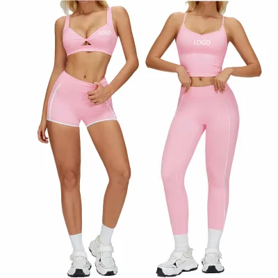 Breathable Yoga Shorts Set Color-Block Hollow Back Sports Outdoor Running Fitness 4-Piece Set