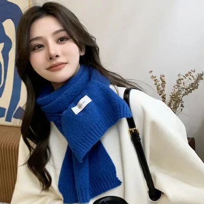 Korean Japanese-Style Winter Scarf Women Klein Blue Cute Couple's Design All-Season Warm Knitted Shawl Students Polyester Long