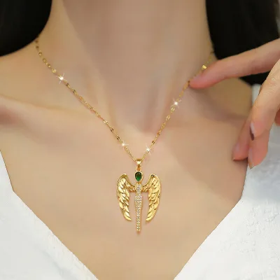Fashion Titanium Steel Chain 18K Gold Plated Angel Wings Necklace Cz Wing Charm Pendant Jewelry Gift Wholesale