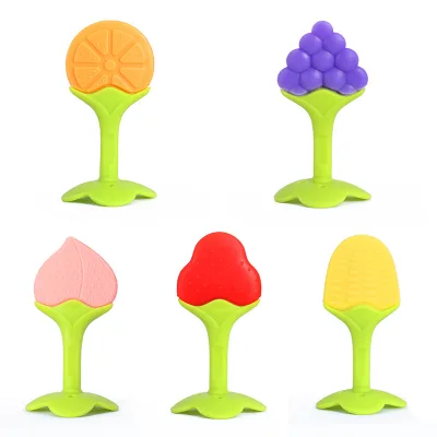 Silicone Baby Fruit Teether Food Grade Chewable Anti Hand Sucking Double Color 3D Strawberry Design