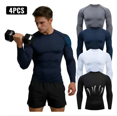 Quick Drying Long Sleeved Tight Fitting Men's Training Running Elastic Solid Color Sports Breathable Round Neck Fitness Suit