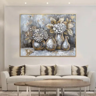 Huamiao Still Life Flowers Paintings Foil Floral Extra Large Size Acrylic Oil Painting Flowers Painting