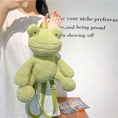 2023 New Personality Cartoon Plush Backpack Cute Green Frog Girl Casual Crossbody Shoulder Bag for Children