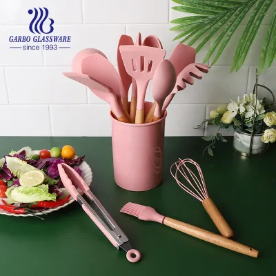 Hot Selling Cookware 12 Pieces Utensils Sets with Stand Food Safe Kitchen Silicone Cooking Utensils Sets with Wooden Handle