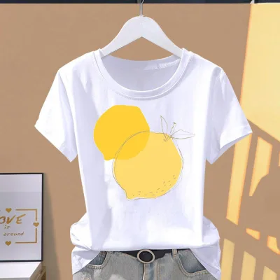 European and American Style Summer Breathable Casual Woven Custom Fruit Print Fashion Women's Short Sleeve Round Neck T-Shirt