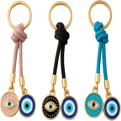 Evil Eye Metal Keychain Hand Braided Rope Turkish Lucky Eye Key Ring Good Luck Protection Bag Pendant for Woman Bag Hanging Gift