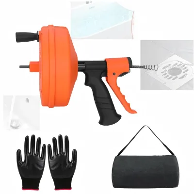 15.2m Drain Cleaner Spring, Manual & Electric Drill Dual Use, Auto Feed Retractable Rotating Pipe Dredger
