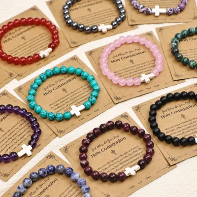 2026 New High Quality Religious Cross Charm Bracelet 8mm Natural Stone Glass Beaded Bracelet for Unisex