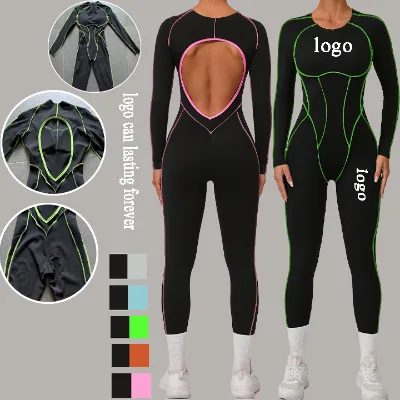 Long Sleeve Scoop Neck Yoga Fitness Bodysuit Hollow Out Padded Yoga Jumpsuit Tummy Control Contrast Binding One Piece Jumpsuit