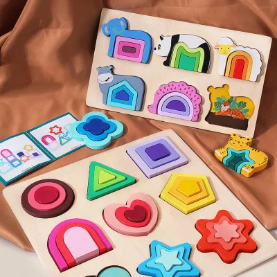 Wooden Early Education Puzzle Children Three-dimensional Animal Jigsaw Geometric Shape Cognitive Matching Montessori Puzzle Toy