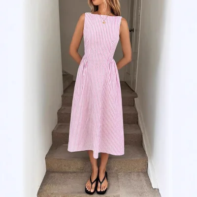 2026 Summer New Sweet Cool Simple Round Neck Waist-Cinching Slimming Elegant Striped Long Dress
