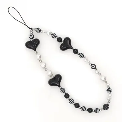 Beaded Phone Lanyard Wrist Strap Beaded Phone Charm Black Heart Pearl Beaded Phone Chain Strap for Women Girls
