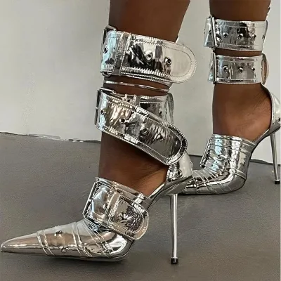 Bright Silver Women's Denim Metal Thin High Heels Sexy Punk Style Buckles Ankle Strap Sandals Pointed Toe Straps Stiletto Summer