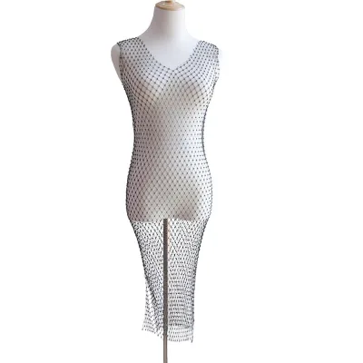 Fashion New Arrival Net Hollow V Shape Neck Women Dress Black Color Diamond Body Jewelry for Party