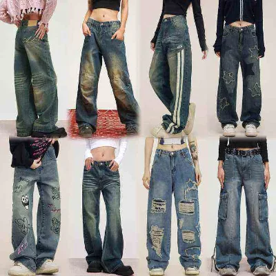 Wholesale Cotton Retro Flared Pants for Women's Loose Jeans in Stock Popular Street Style Multi Pocket Casual Pants