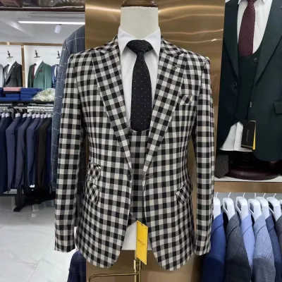S0111N 24Man Men's Plaid Wedding Leisure Host Suit Single Breasted V-Neck 3 Piece Set Cross-Border Foreign Trade