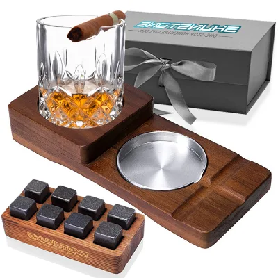 Wholesale Luxury Cigar Wood Tray Solid Wood Ashtray Transparent Whiskey Glass Tray Cigar Holder Company Promotion Gifts for Men