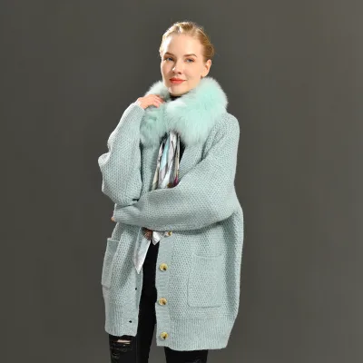 Casual Ladies Long Sleeve Fur Collar Crochet Women Wool Knitted Cardigan Winter Removable Big Fox Fur Collar Women Sweaters