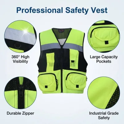 ANSI Class 2 High Visibility Safety Vest Breathable Mesh Fabric Multi Pockets Reflective Strips