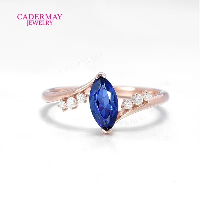 Lab Grown Cornflower Blue Marquise Sapphire Ring 925 Sterling Silver Rose Gold Plated Moissanite Engagement Ring for Lady Women